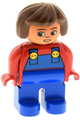 Female Duplo figure with blue legs, wearing a red top with blue overalls, brown hair, and a turned-down nose - 4555pb093