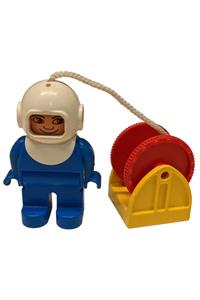 Duplo Male - Male Duplo figure with blue legs and top, wearing a white helmet, hose, and red reel - 4555pb094