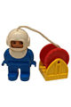 Duplo Figure, Male, Blue Legs, Blue Top, White Helmet, Hose and Red Reel - 4555pb094