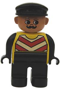 Duplo Figure, Male, Black Legs, Yellow Chevron Vest, Black Arms, Black Cap 4555pb095