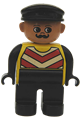 Duplo Figure, Male, Black Legs, Yellow Chevron Vest, Black Arms, Black Cap - 4555pb095