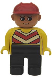 Duplo Figure, Male, Black Legs, Chevron Vest, Yellow Arms, Construction Hat Red 4555pb096