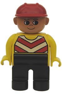 Duplo Male Train Engineer - Male Duplo figure wearing black legs, yellow arms, and a red construction hat with a chevron vest - 4555pb096