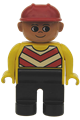 Duplo Figure, Male, Black Legs, Chevron Vest, Yellow Arms, Construction Hat Red - 4555pb096