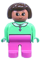 Female Duplo figure with dark pink legs, wearing a medium green blouse with heart buttons and brown hair - 4555pb097