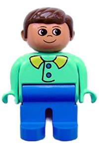Duplo Figure, Male, Blue Legs, Medium Green Top with Blue Buttons, Brown Hair 4555pb098