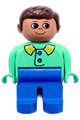 Duplo Figure, Male, Blue Legs, Medium Green Top with Blue Buttons, Brown Hair - 4555pb098