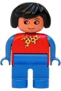 Duplo Female - Female Duplo figure with black hair, blue legs, blue arms, red top with yellow and red polka dot scarf, and turned down nose - 4555pb099