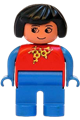 Female Duplo figure with black hair, blue legs, blue arms, red top with yellow and red polka dot scarf, and turned down nose - 4555pb099
