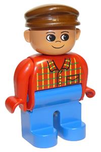 Duplo Figure, Male, Blue Legs, Red Top Plaid, Brown Cap 4555pb100