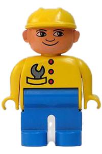 Duplo Figure, Male, Blue Legs, Yellow Top with Wrench in Pocket, Construction Hat Yellow 4555pb102