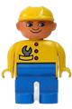 Male Duplo figure with blue legs, wearing a yellow top with wrench in pocket and a yellow construction hat - 4555pb102