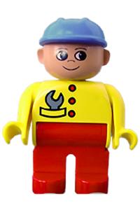 Duplo Figure, Male, Red Legs, Yellow Top with Wrench in Pocket, Construction Hat Blue 4555pb106