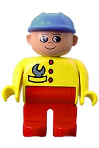Duplo Male - Male Duplo figure with red legs, wearing a yellow top with a wrench in pocket and a blue construction hat - 4555pb106