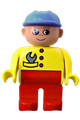 Duplo Figure, Male, Red Legs, Yellow Top with Wrench in Pocket, Construction Hat Blue - 4555pb106