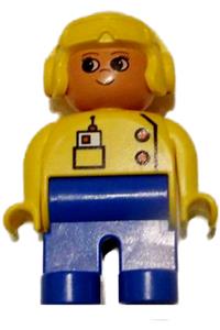 Duplo Figure, Female, Blue Legs, Yellow Top with Radio in Pocket, Yellow Aviator Helmet, Eyelashes 4555pb107