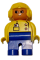 Duplo Figure, Female, Blue Legs, Yellow Top with Radio in Pocket, Yellow Aviator Helmet, Eyelashes - 4555pb107