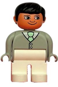 Duplo Male - Male Duplo figure with white legs, wearing a light gray top with a white shirt and light green tie, and black hair - 4555pb108