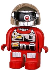 Duplo Robot Action Wheeler - Robot Action Wheeler Duplo figure with red legs, utility belt, chest panel, one red eye, and silver helmet - 4555pb109