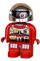 Robot Action Wheeler Duplo figure with red legs, utility belt, chest panel, one red eye, and silver helmet - 4555pb109