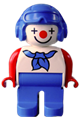Male clown Duplo figure wearing blue aviator helmet, blue neckerchief, and blue legs - 4555pb110