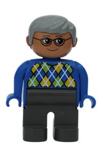 Duplo Figure, Male, Dark Gray Legs, Blue Argyle Sweater, Gray Hair, Glasses 4555pb111