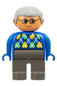 Duplo Male - Male Duplo figure with dark gray legs, gray hair, wearing blue argyle sweater and glasses - 4555pb111