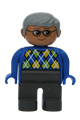 Duplo Figure, Male, Dark Gray Legs, Blue Argyle Sweater, Gray Hair, Glasses - 4555pb111