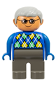 Male Duplo figure with dark gray legs, gray hair, wearing blue argyle sweater and glasses - 4555pb111