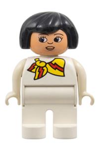 Duplo Female - Duplo figure with black hair, wearing a white top, white legs, and a yellow and red scarf - 4555pb112