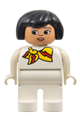 Duplo figure with black hair, wearing a white top, white legs, and a yellow and red scarf - 4555pb112