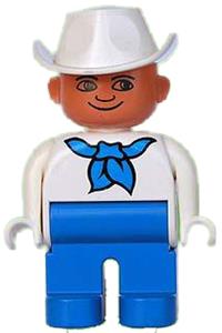 Duplo Figure, Male, Blue Legs, White Top with Blue Bandana, White Cowboy Hat 4555pb113