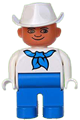 Duplo Figure, Male, Blue Legs, White Top with Blue Bandana, White Cowboy Hat - 4555pb113