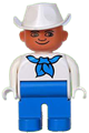 Male Duplo figure in white top with blue bandana, wearing a white cowboy hat and blue legs - 4555pb113