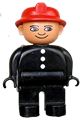 Duplo Figure, Male Fireman, Black Legs, Black Top with 3 White Buttons, Red Fire Helmet - 4555pb114