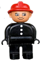 Male Duplo figure fireman wearing black legs, black top with 3 white buttons, and a red fire helmet - 4555pb114