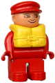Duplo Figure, Male, Red Legs, Red Top, Life Jacket, Red Cap - 4555pb115