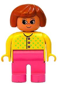 Duplo Female - Female Duplo figure with dark pink legs, wearing a yellow sweater with 3 buttons and V stitching, and dark orange hair - 4555pb116