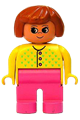 Duplo Figure, Female, Dark Pink Legs, Yellow Sweater with 3 Buttons and V Stitching, Dark Orange Hair - 4555pb116