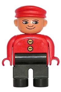 Duplo Figure, Male, Black Legs, Red Top with 2 Yellow Buttons, Red Cap 4555pb117