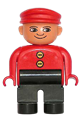 Duplo Figure, Male, Black Legs, Red Top with 2 Yellow Buttons, Red Cap - 4555pb117