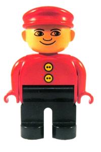 Duplo Figure, Male, Black Legs, Red Top with 2 Yellow Buttons, Red Cap, no White in Eyes Pattern 4555pb117a