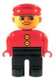 Duplo Figure, Male, Black Legs, Red Top with 2 Yellow Buttons, Red Cap, no White in Eyes Pattern - 4555pb117a