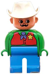 Duplo Sheriff Jake - Male Duplo figure with blue legs, green top, red vest with sheriff star, moustache, and white cowboy hat - 4555pb118
