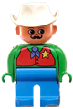 Duplo Figure, Male, Blue Legs, Green Top with Red Vest with Sheriff Star, Moustache, White Cowboy Hat - 4555pb118