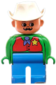 Male Duplo figure with blue legs, green top, red vest with sheriff star, moustache, and white cowboy hat - 4555pb118