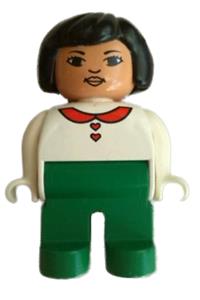 Duplo Female - Female Duplo figure with green legs, wearing a white blouse with red heart buttons and collar, black hair, Asian eyes, and lips - 4555pb119