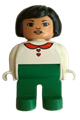 Female Duplo figure with green legs, wearing a white blouse with red heart buttons and collar, black hair, Asian eyes, and lips - 4555pb119