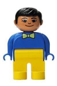 Duplo Figure, Male, Yellow Legs, Blue Top with Light Green Bow Tie, Black Hair, Asian Eyes 4555pb120