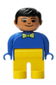 Duplo Figure, Male, Yellow Legs, Blue Top with Light Green Bow Tie, Black Hair, Asian Eyes - 4555pb120